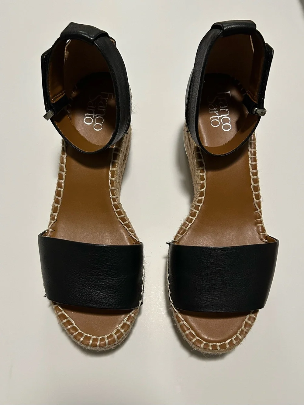Franco Sarto Black Leather Ankle-Strap Espadrille Sandals